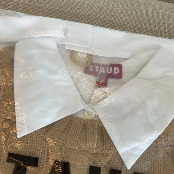NWT STAUD Aldrin Sweater Shirt Mini Dress Medium Camel/White - Picture 7 of 10